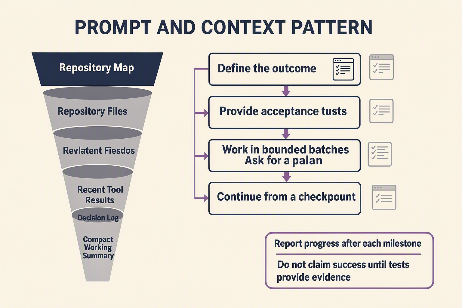 A vertical process infographic titled PROMPT AND CONTEXT PATTERN divided into seven stacked cards with arrows
