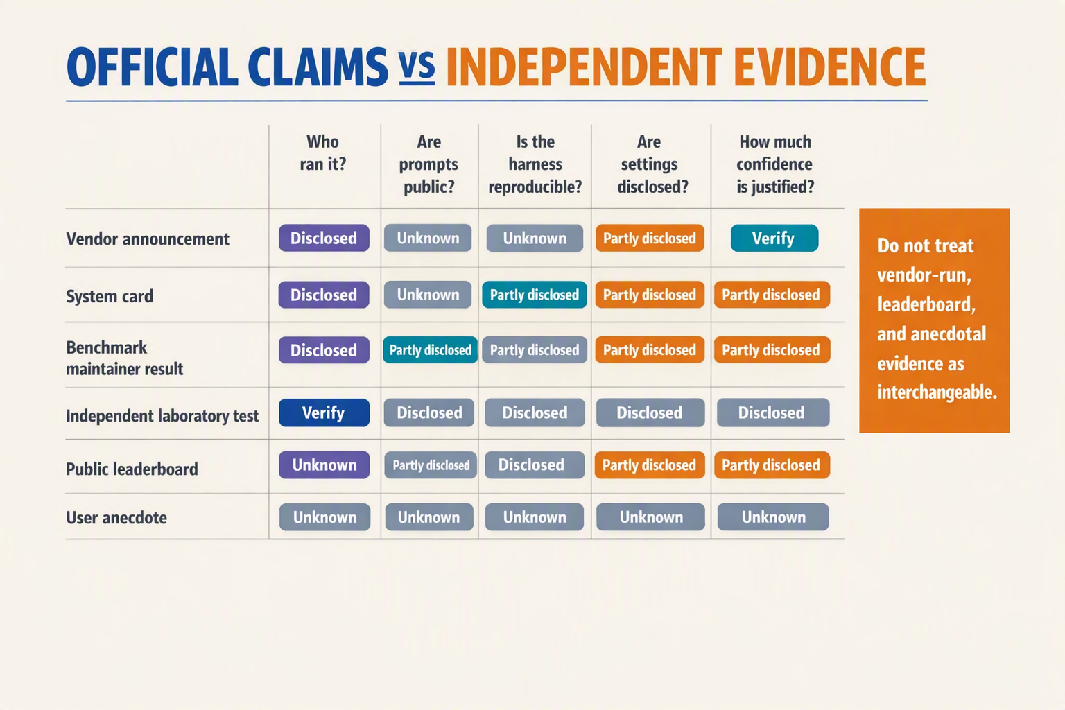 A rigorous evidence-audit matrix titled OFFICIAL CLAIMS VS INDEPENDENT EVIDENCE