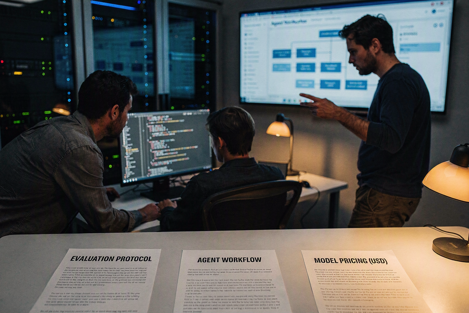 A model-evaluation team working inside a modern enterprise AI operations room in the early evening