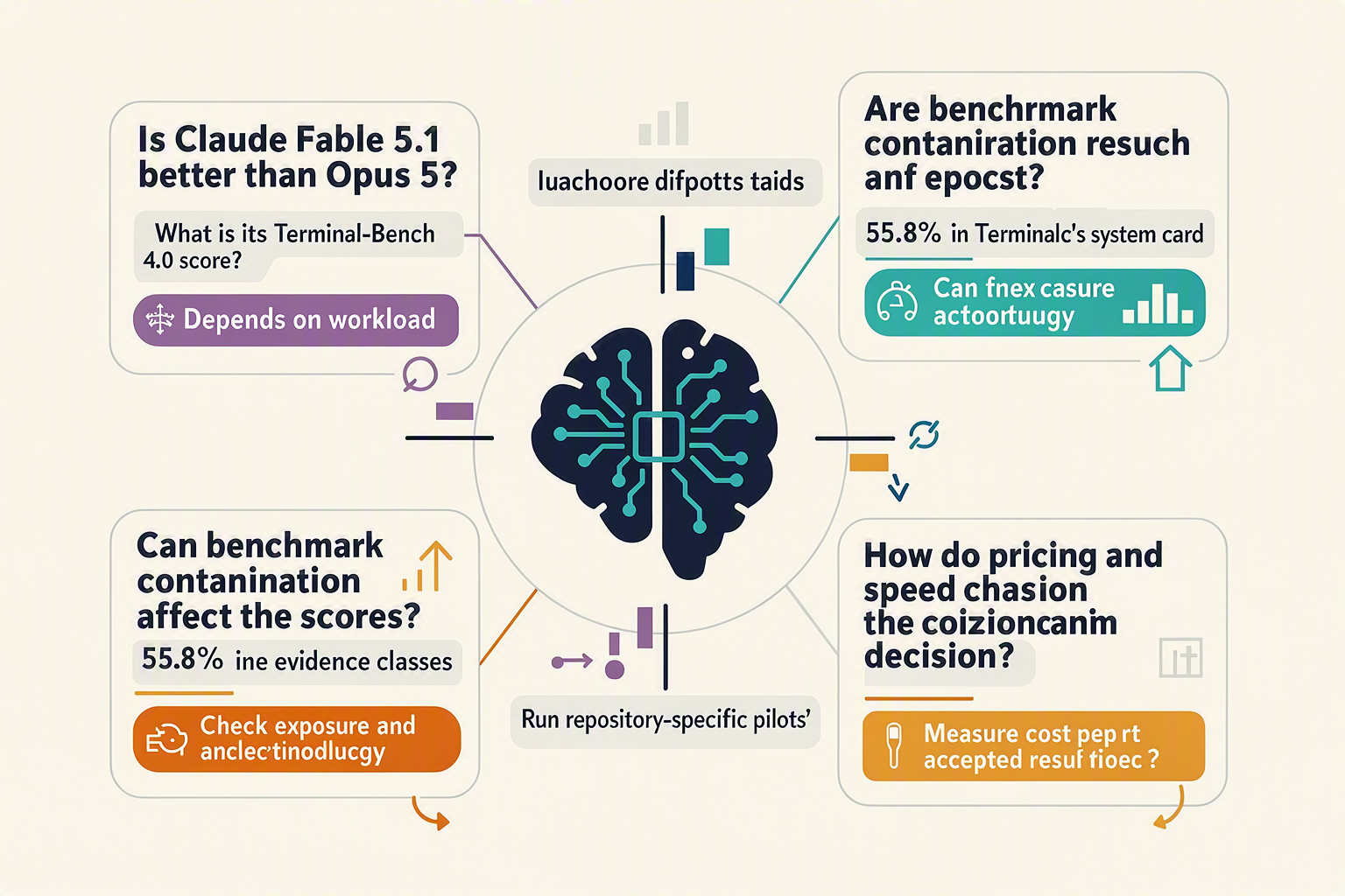 A clean FAQ knowledge-map infographic headed CLAUDE FABLE 5.1 BENCHMARK FAQ