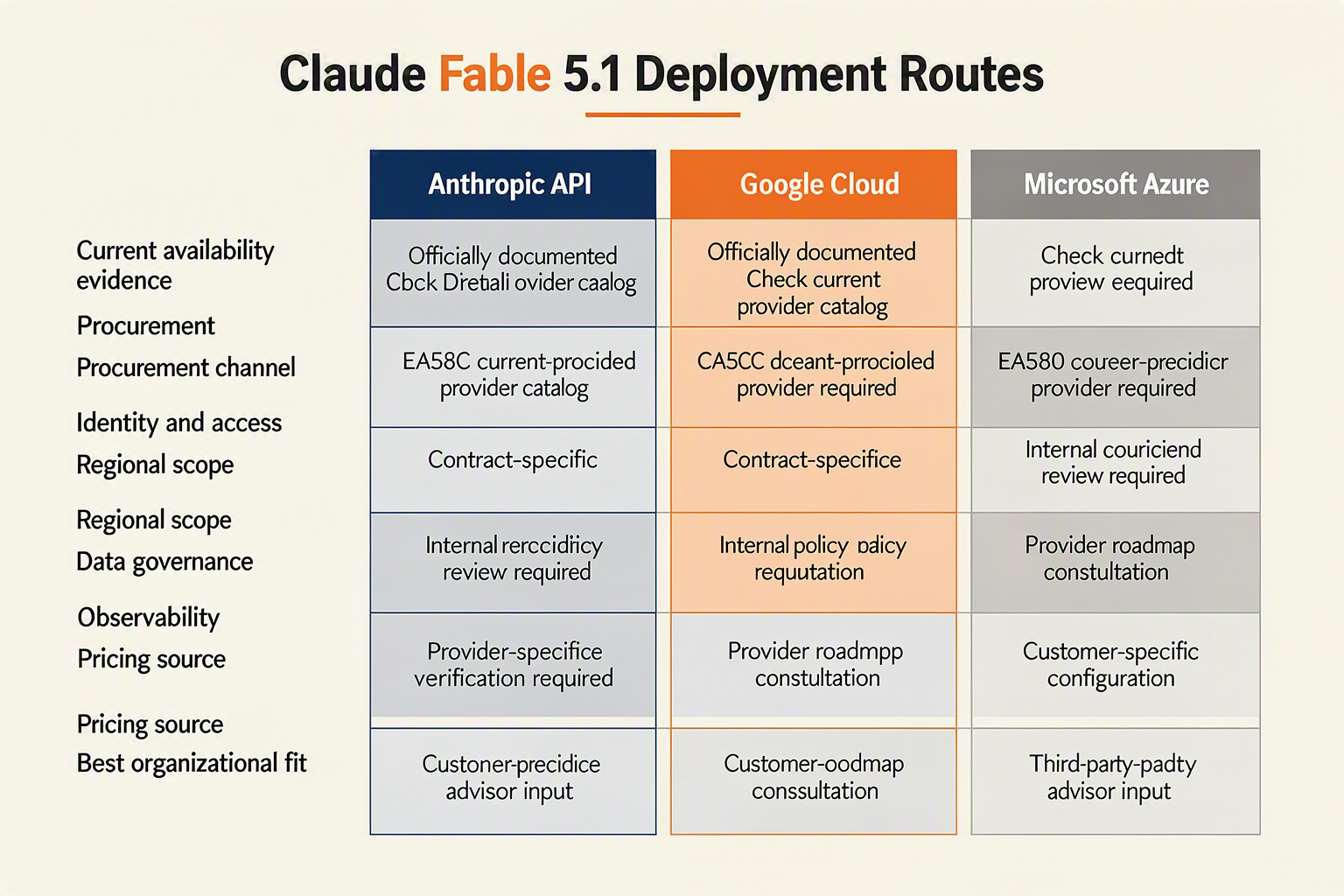 A four-column enterprise comparison matrix titled Claude Fable 5.1 Deployment Routes