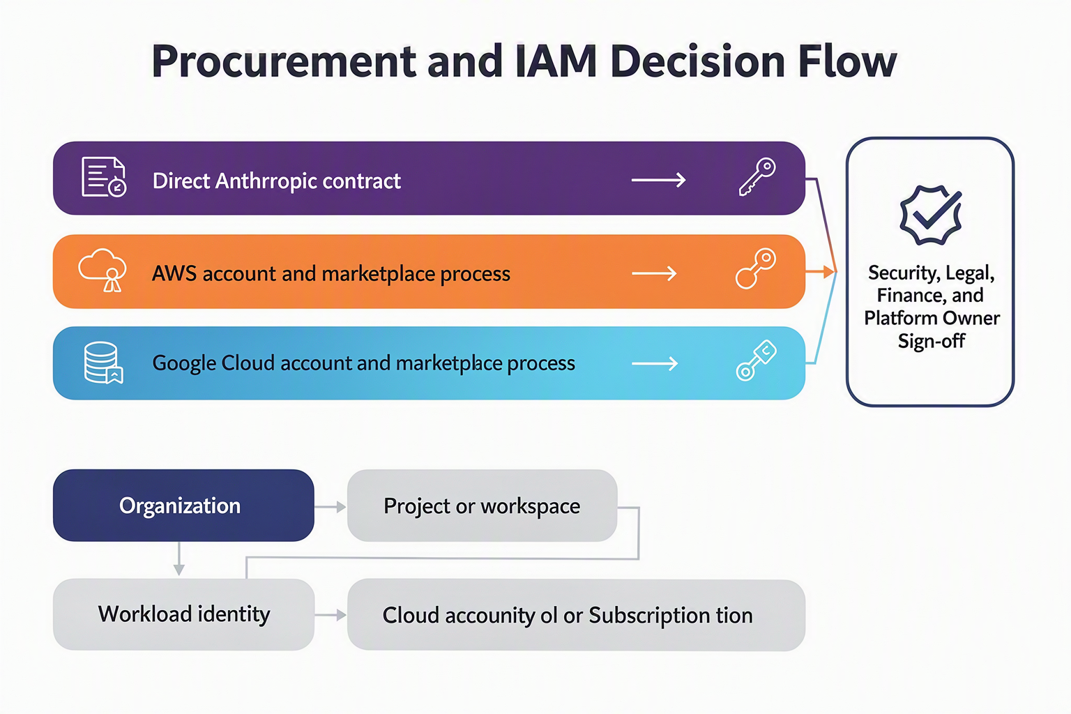 A split-lane enterprise workflow diagram titled Procurement and IAM Decision Flow