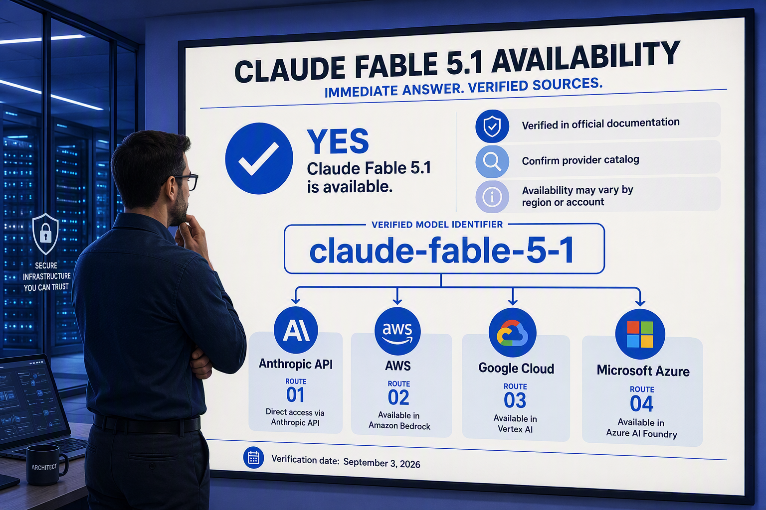 An enterprise AI architect stands before a large wall display that delivers an immediate availability answer for Claude