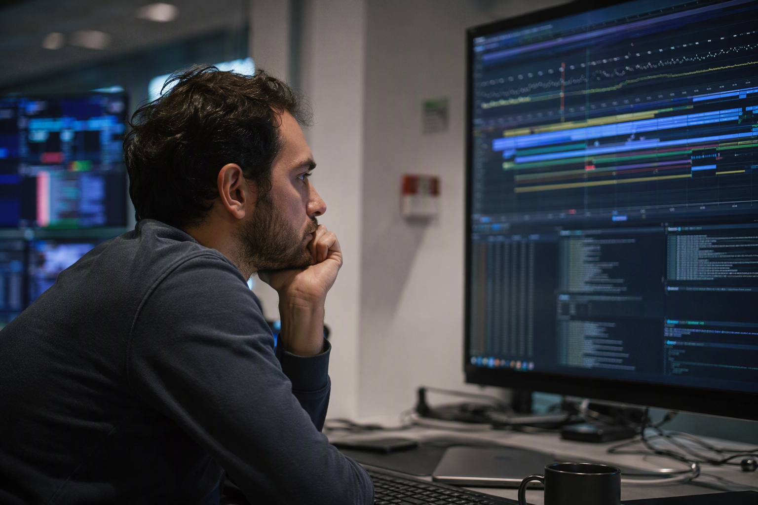 A collaborative engineering workspace during an extended incident investigation, with software engineers, security analysts,