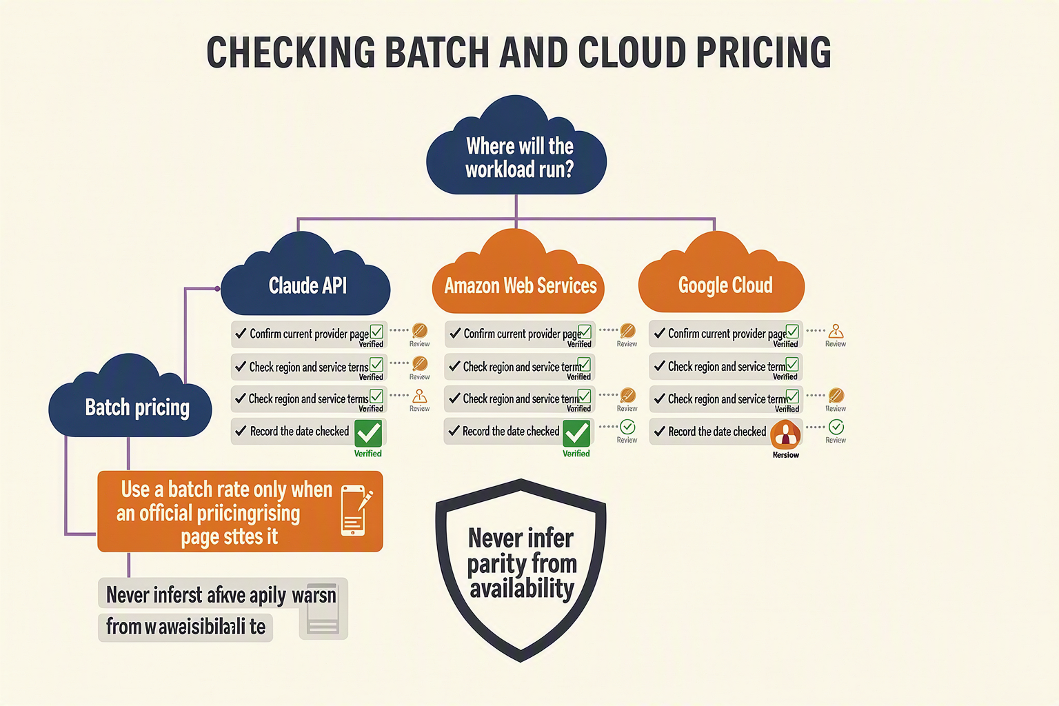 A verification decision tree titled CHECKING BATCH AND CLOUD PRICING