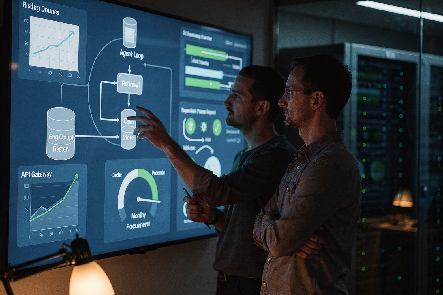 A production AI control room with an engineering lead and finance partner examining a wall-sized workload map connecting an