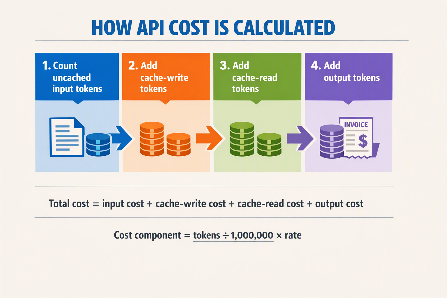A detailed left-to-right billing flow titled HOW API COST IS CALCULATED