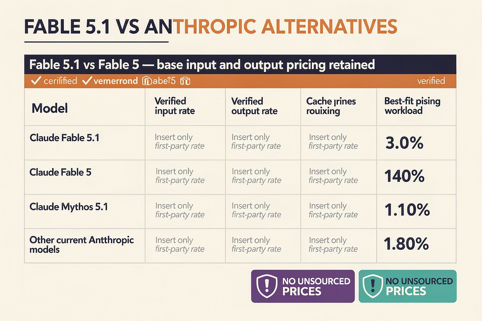 A model-selection comparison matrix titled FABLE 5.1 VS ANTHROPIC ALTERNATIVES