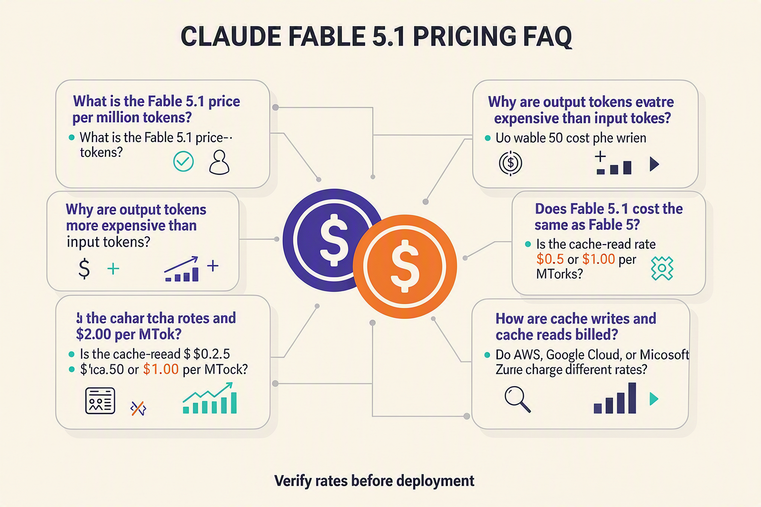 A structured FAQ infographic titled CLAUDE FABLE 5.1 PRICING FAQ arranged as six rounded question cards around a central