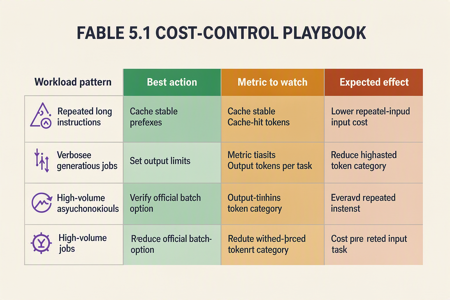 A practical decision table titled FABLE 5.1 COST-CONTROL PLAYBOOK with columns Workload pattern, Best action, Metric to