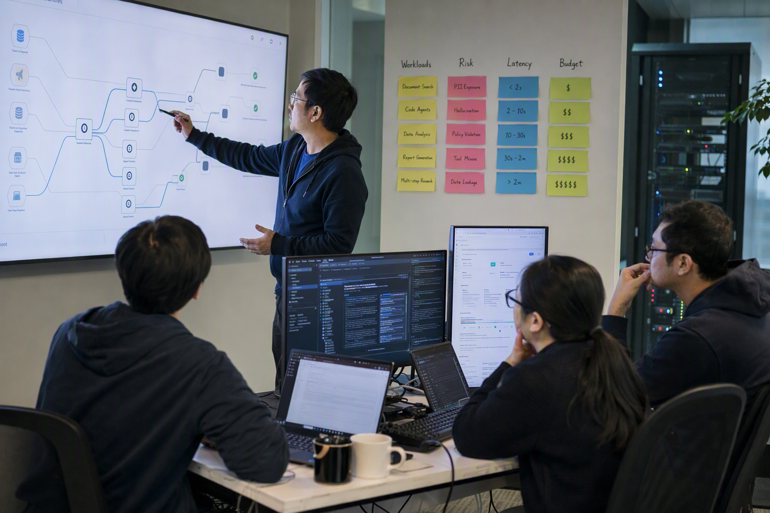 An engineering team evaluating model choices inside a bright architecture review room, with one developer tracing a long