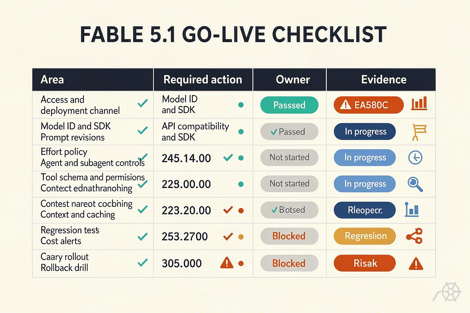 A practical migration checklist table titled FABLE 5.1 GO-LIVE CHECKLIST with four columns labeled Area, Required action,