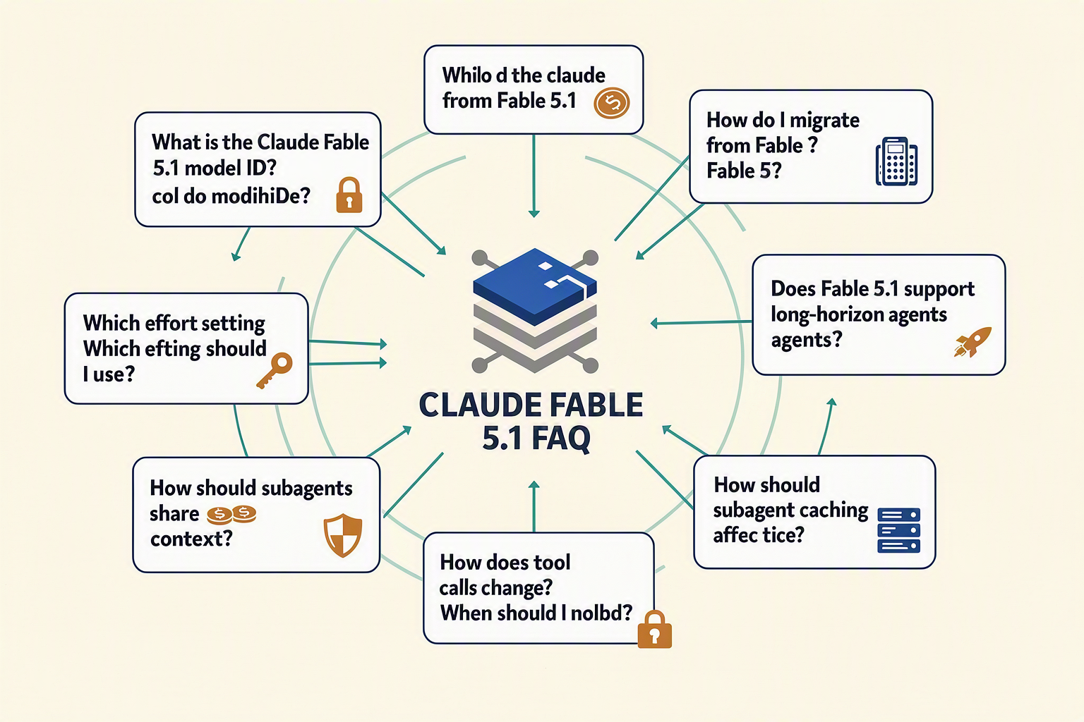 A developer FAQ knowledge map titled CLAUDE FABLE 5.1 FAQ with a central model icon surrounded by eight question cards