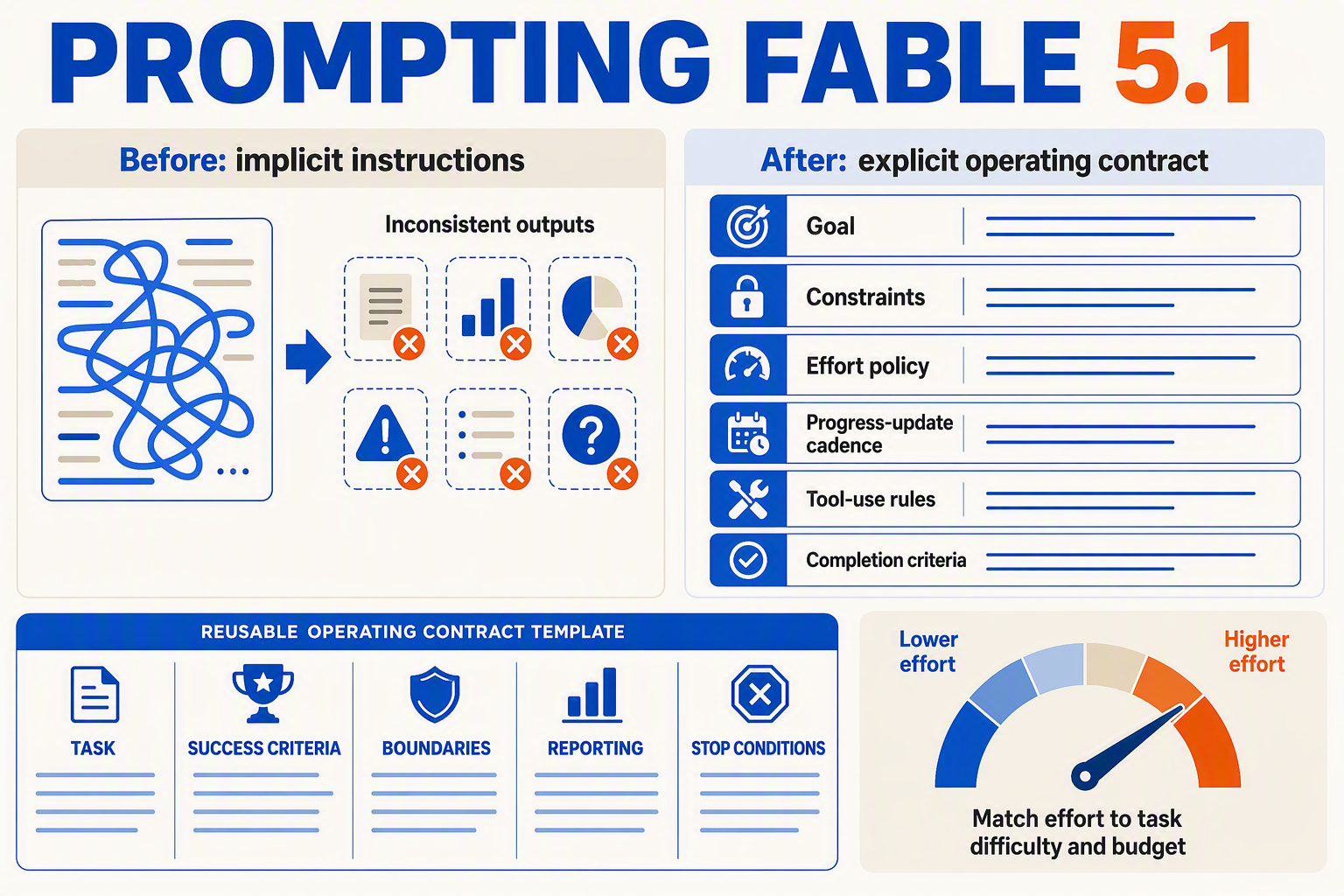 A split-screen prompt-engineering infographic titled PROMPTING FABLE 5.1