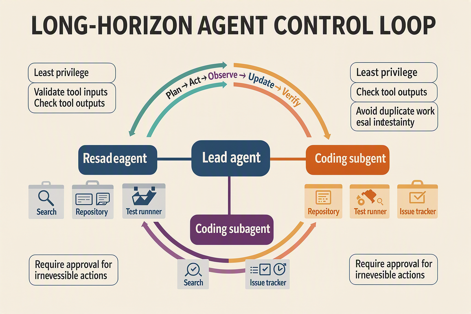 A branching agent-orchestration diagram titled LONG-HORIZON AGENT CONTROL LOOP