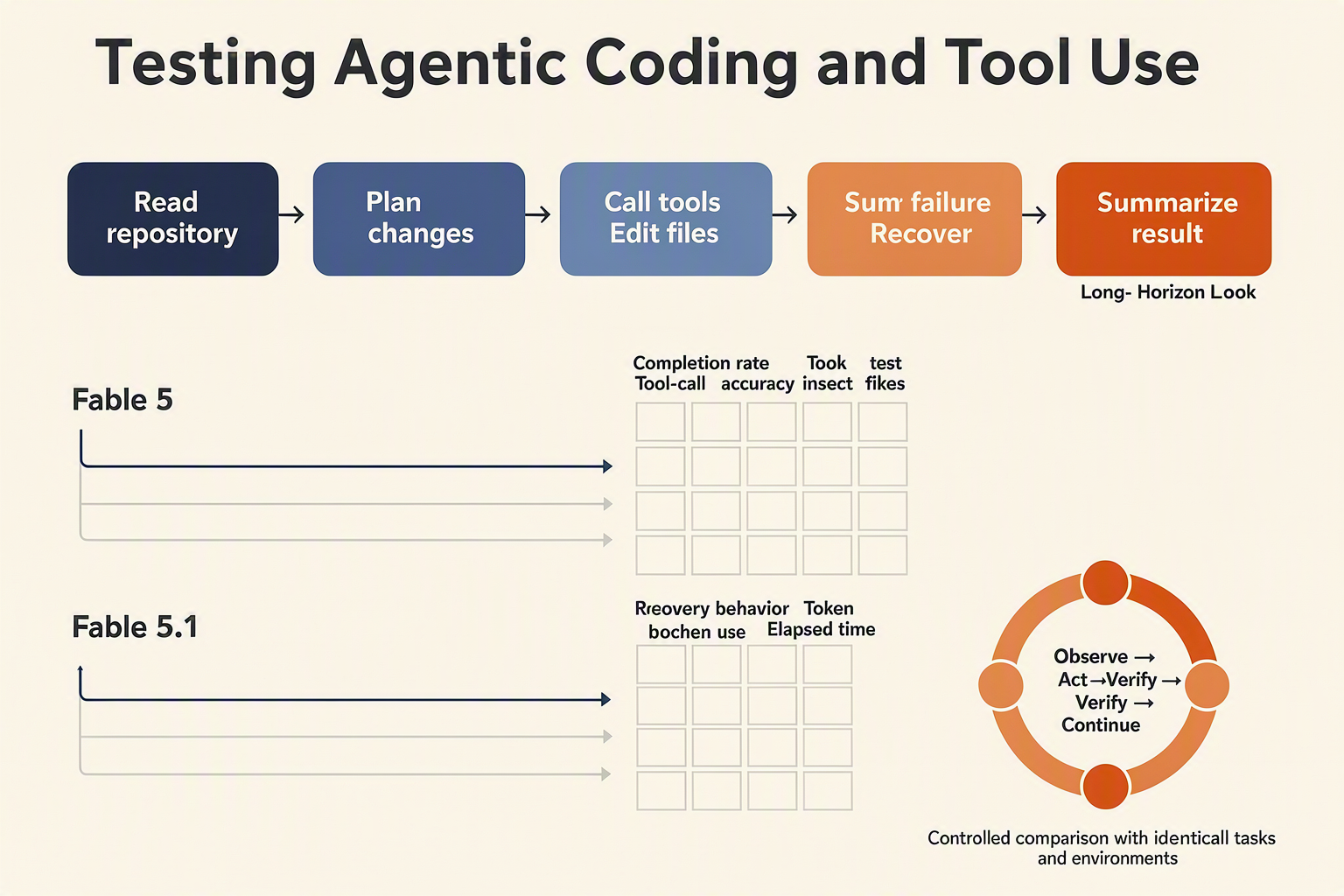 A detailed agent-execution diagram titled Testing Agentic Coding and Tool Use showing a software task progressing through