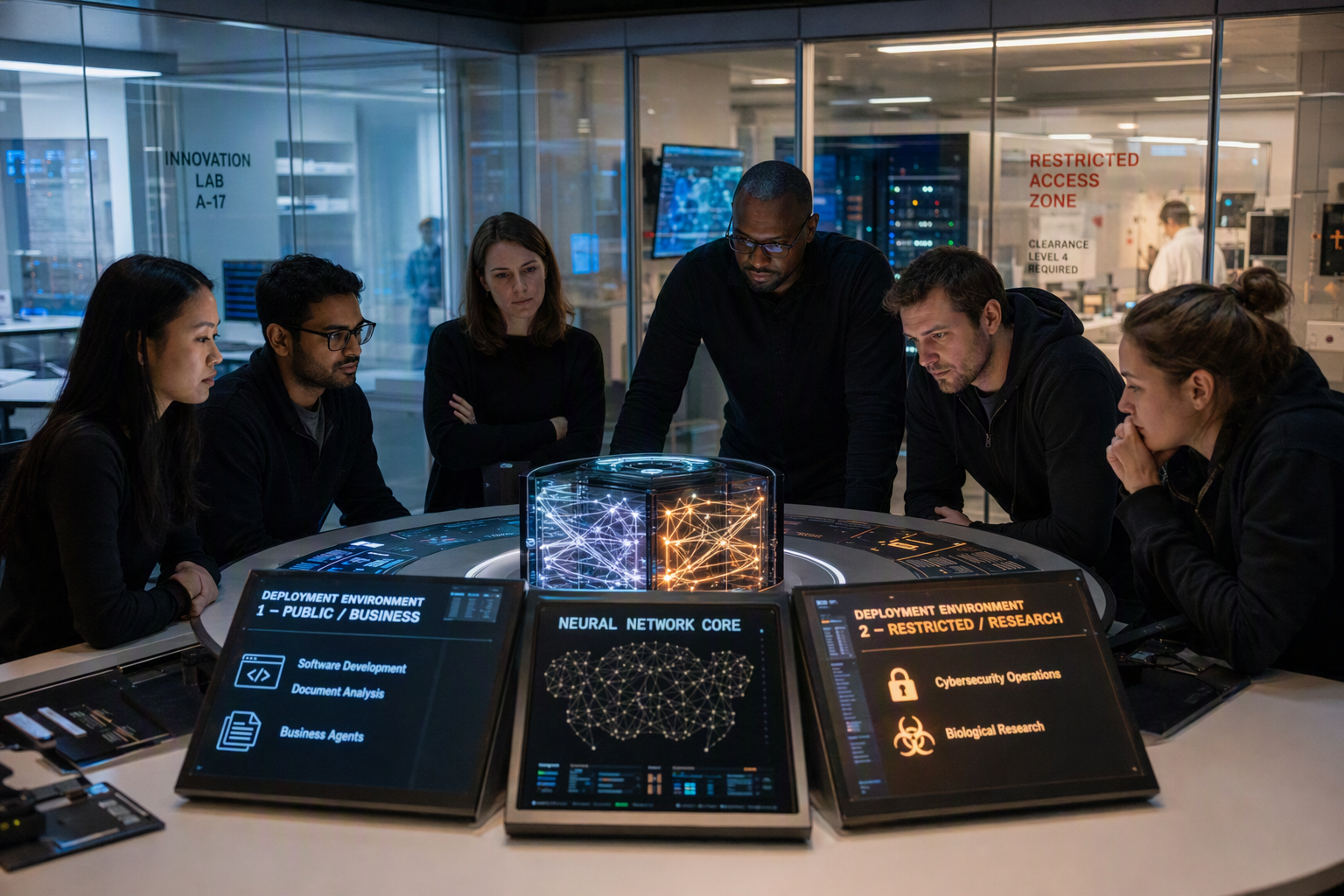 Inside a secure AI research laboratory, a diverse group of model engineers and safety researchers stands around a circular