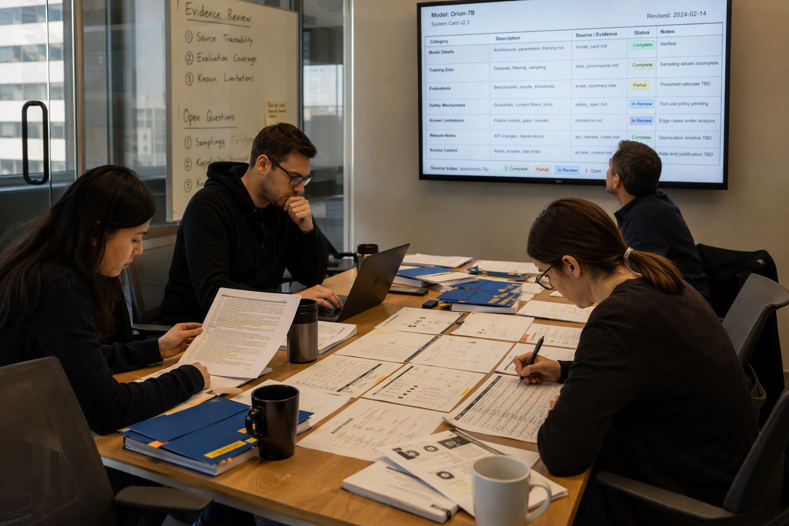 A product governance team reviews official model evidence in a quiet glass-walled conference room