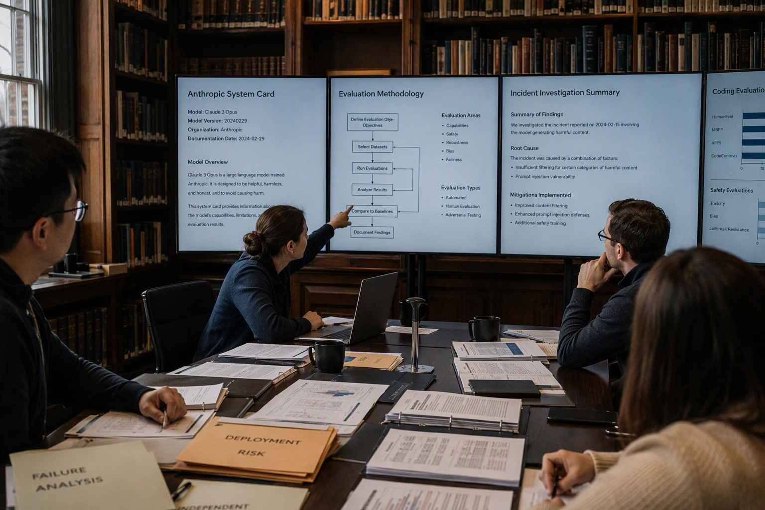 A model-evaluation review meeting in a quiet research library, with engineers and risk specialists examining an Anthropic