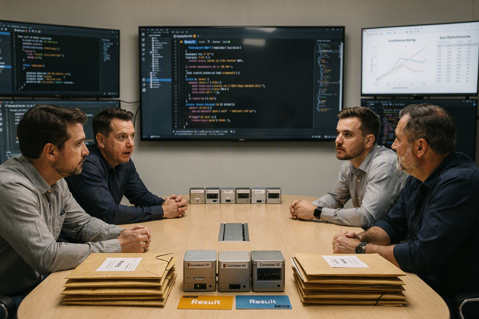 A roundtable evaluation scene inside an independent software testing lab