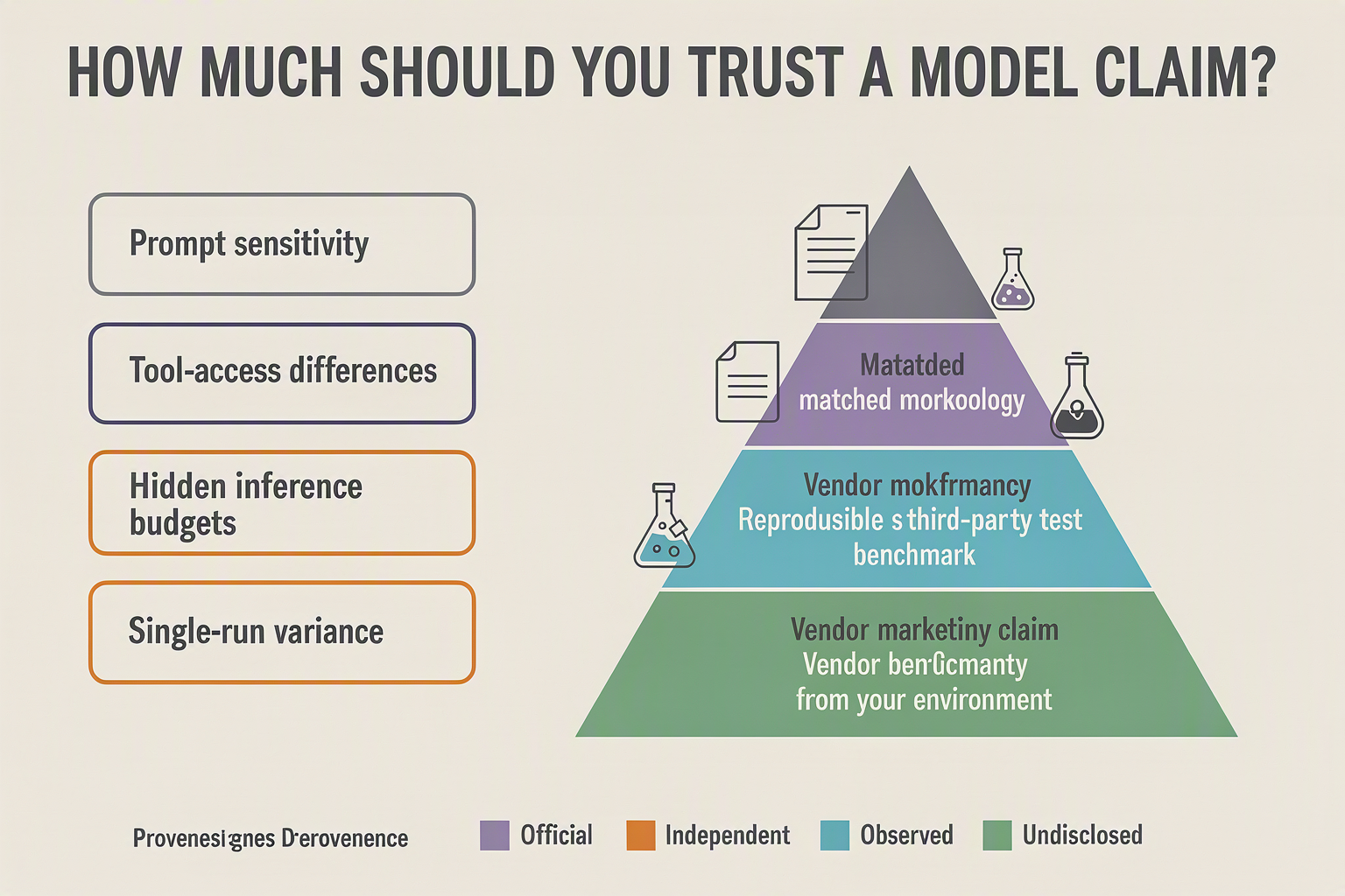 An evidence-quality pyramid infographic titled HOW MUCH SHOULD YOU TRUST A MODEL CLAIM?