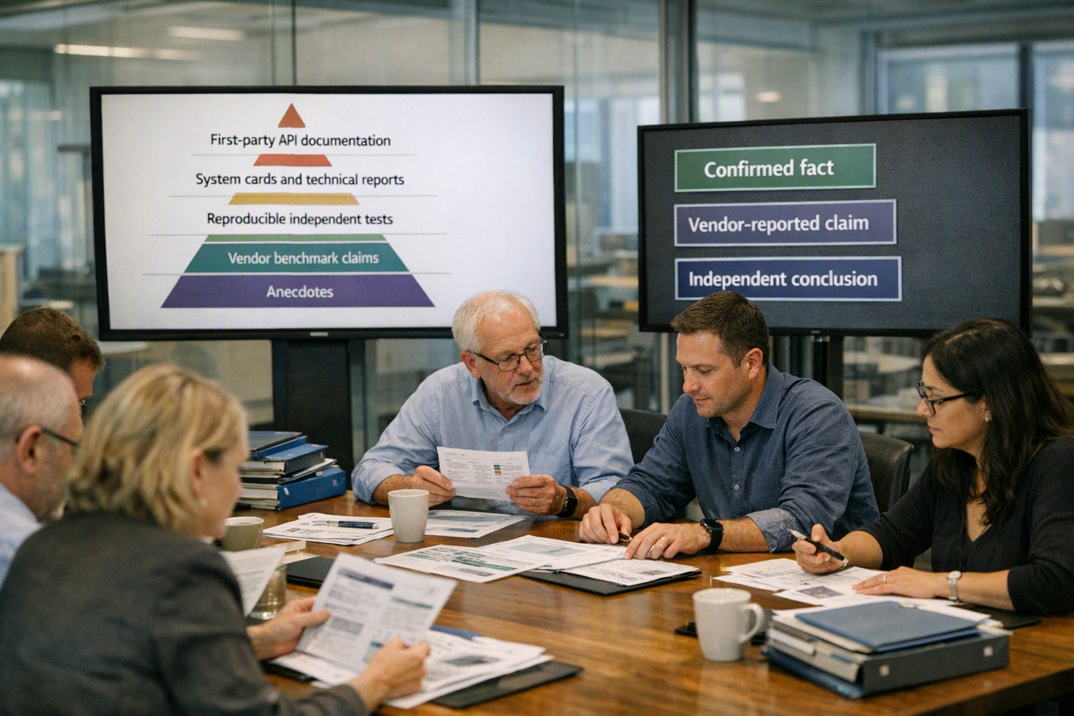 A formal evidence-review roundtable in a glass-walled research institute, with safety researchers, benchmark engineers, API