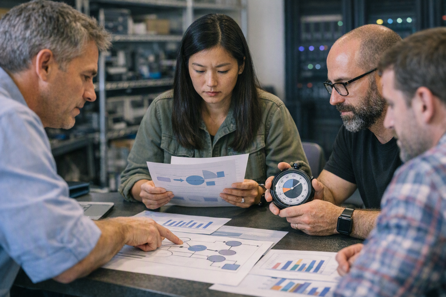 A focused technical roundtable inside an AI reliability laboratory, with a cost engineer, site-reliability specialist,