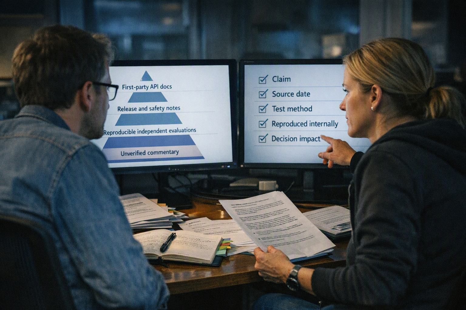 A research review workspace at night with an AI platform architect and a security engineer examining provider release notes,