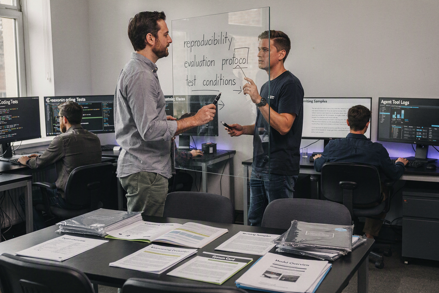 An independent model-evaluation panel meets in a university-style testing laboratory