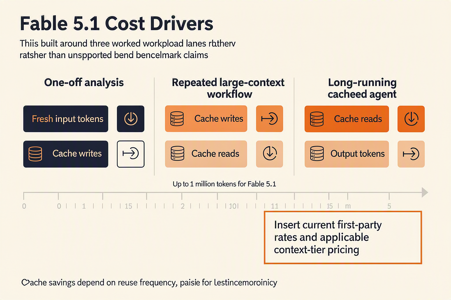 A cost-analysis infographic titled Fable 5.1 Cost Drivers built around three worked workload lanes rather than unsupported
