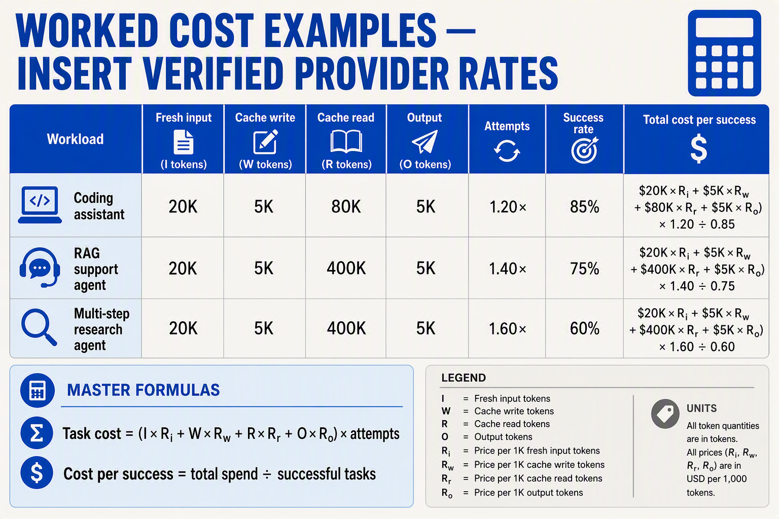A calculator-style workload table titled WORKED COST EXAMPLES — INSERT VERIFIED PROVIDER RATES with rows Coding assistant,
