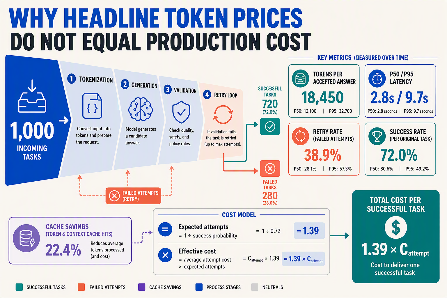 A funnel-and-loop infographic titled WHY HEADLINE TOKEN PRICES DO NOT EQUAL PRODUCTION COST