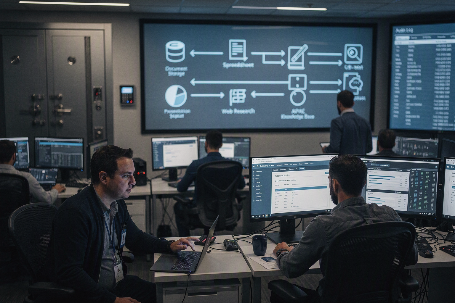 A secure enterprise AI operations center with engineers monitoring two parallel workflow pipelines connecting document