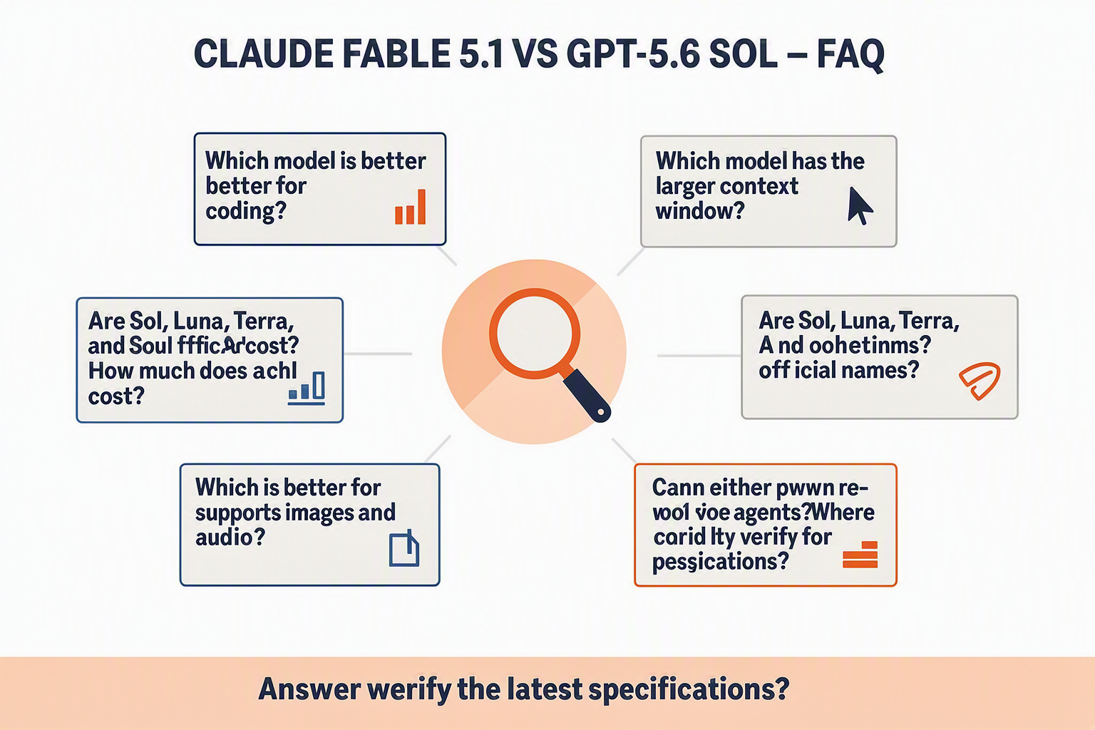 A clean FAQ knowledge-map infographic titled CLAUDE FABLE 5.1 VS GPT-5.6 SOL — FAQ