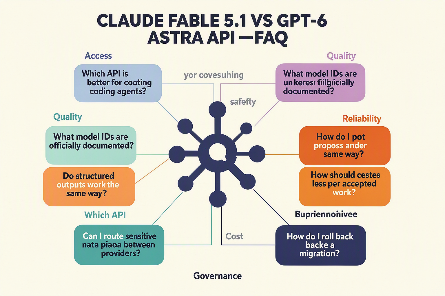 A visual FAQ map titled CLAUDE FABLE 5.1 VS GPT-6 ASTRA API — FAQ with eight rounded question cards orbiting a central