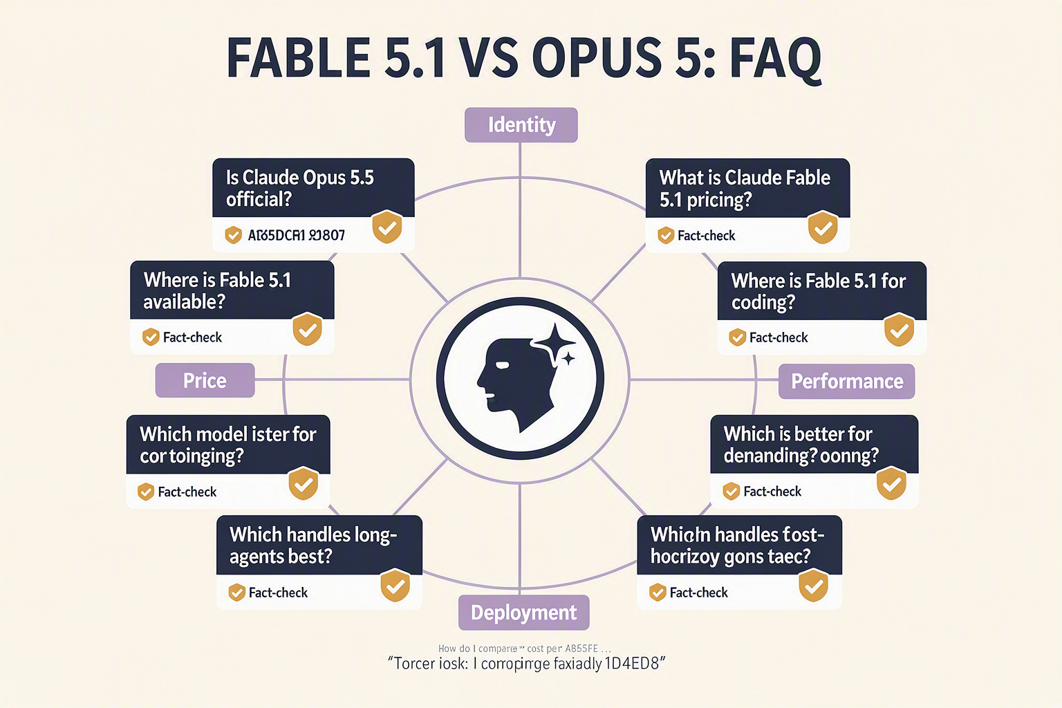 Design an FAQ knowledge-map infographic titled FABLE 5.1 VS OPUS 5: FAQ