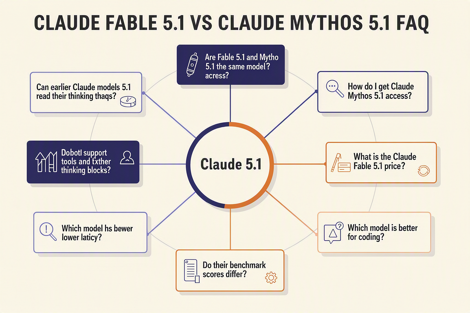 A clean FAQ knowledge-map infographic titled CLAUDE FABLE 5.1 VS CLAUDE MYTHOS 5.1 FAQ with eight connected question cards