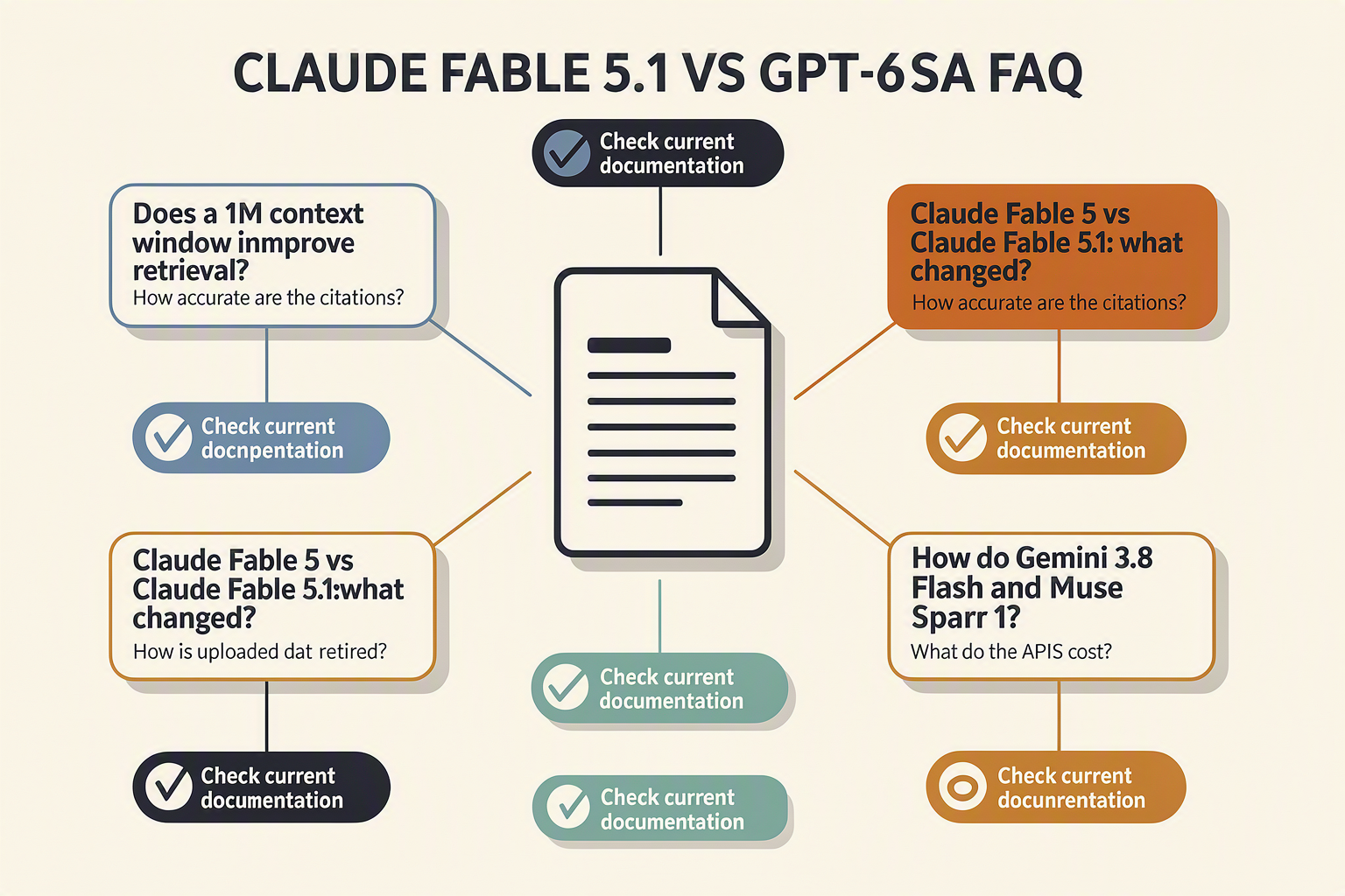 A clean FAQ knowledge-map infographic titled CLAUDE FABLE 5.1 VS GPT-6 ASTRA FAQ