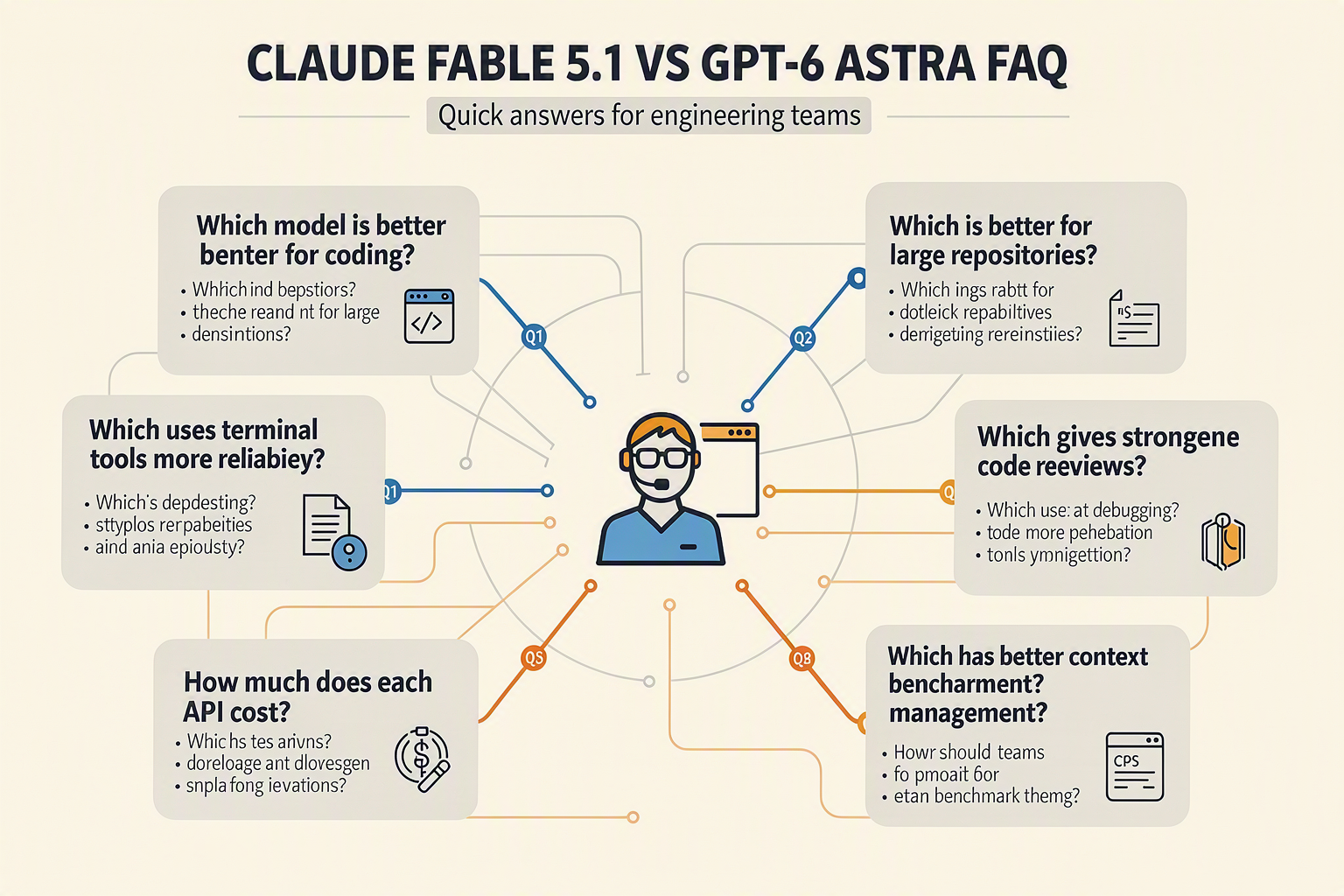 A clean FAQ knowledge-map infographic titled CLAUDE FABLE 5.1 VS GPT-6 ASTRA FAQ