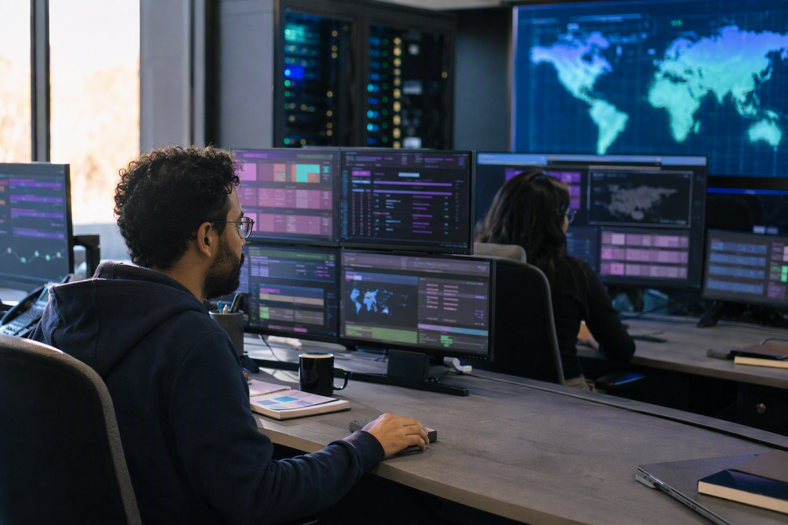 A global cloud infrastructure scene showing an engineering team at a curved workstation validating model availability across