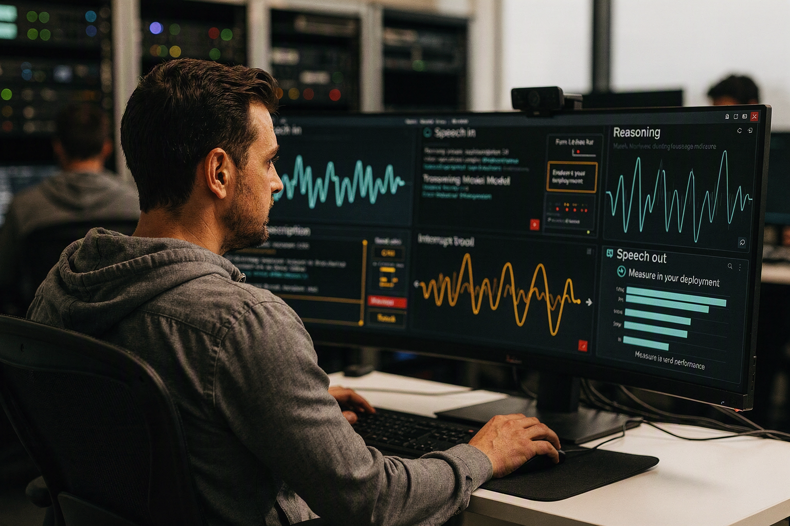 A modern voice-agent operations studio during an active customer-support session