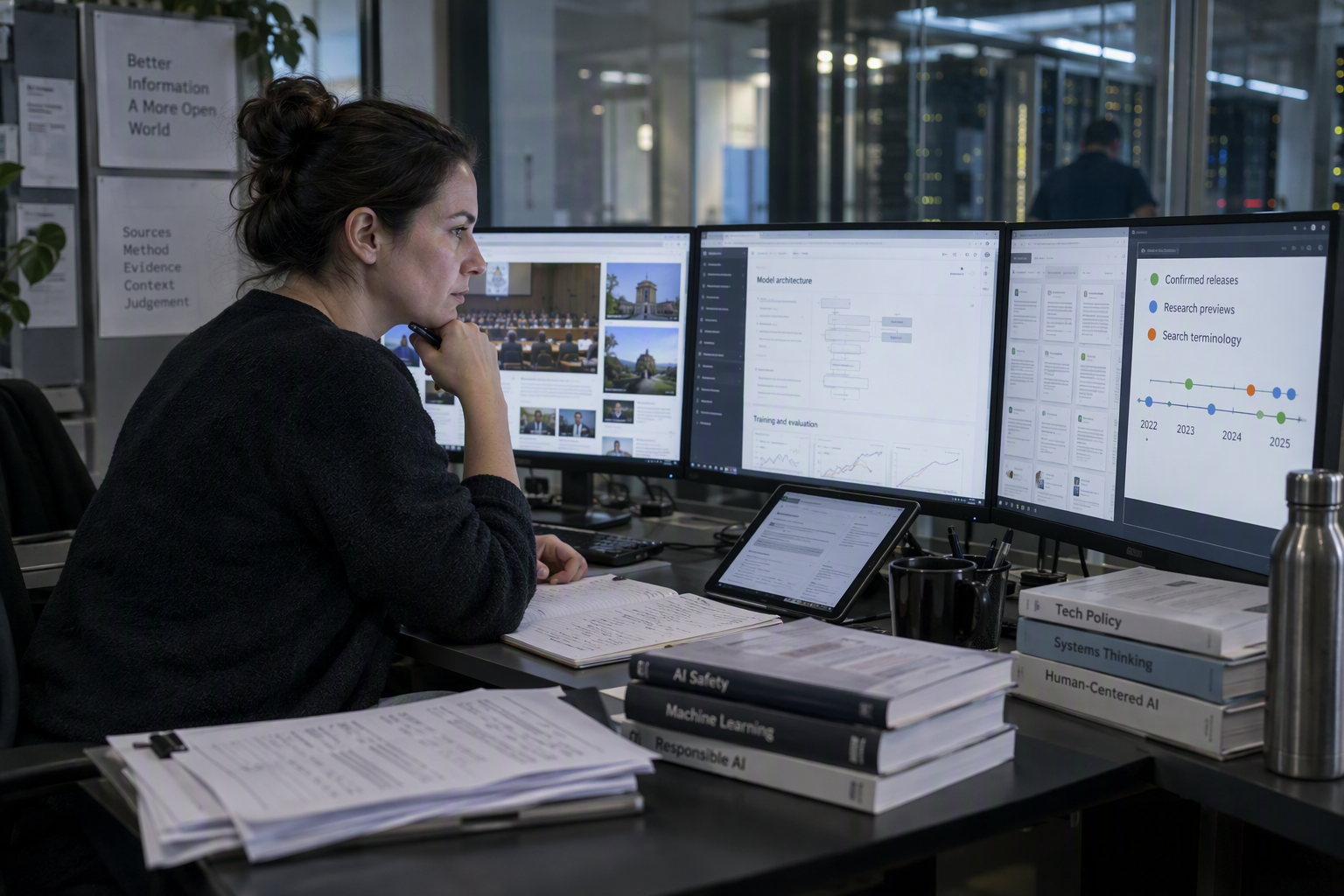 A meticulous AI industry analyst works at a quiet research desk surrounded by three large screens displaying an official