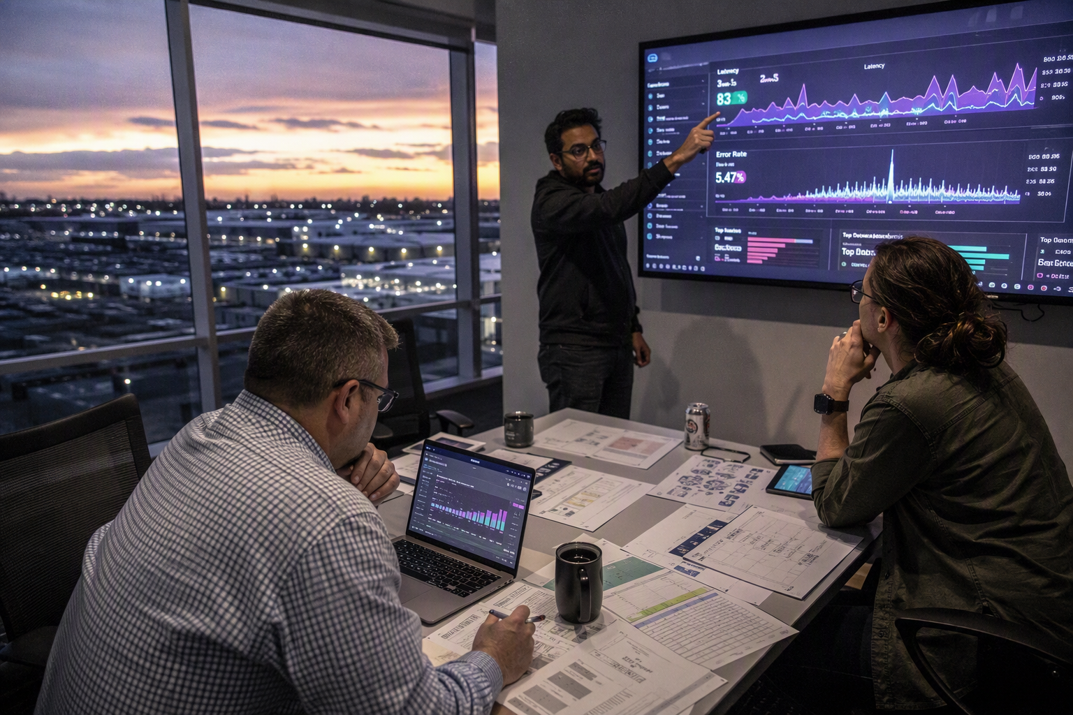 A finance and platform engineering review in a glass-walled conference room overlooking a large data center at dusk