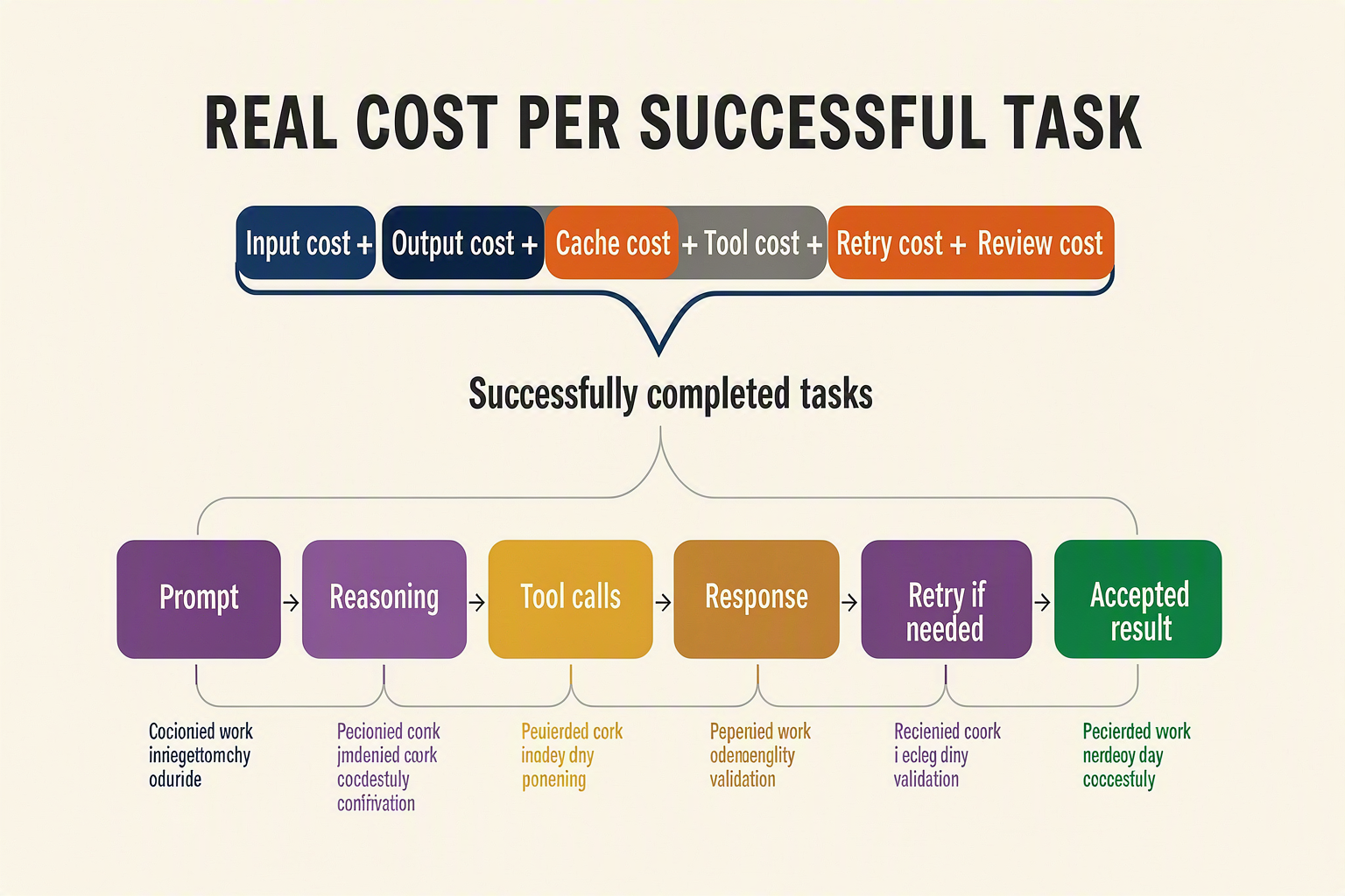 Design a funnel-and-equation infographic titled REAL COST PER SUCCESSFUL TASK