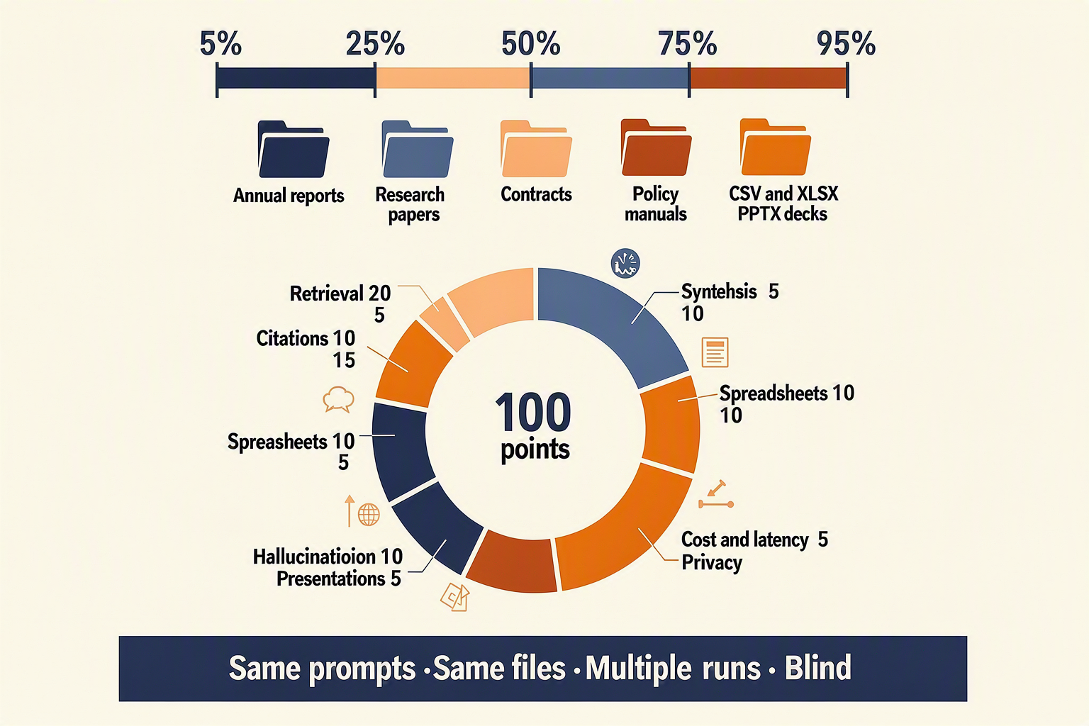 A detailed benchmark blueprint infographic titled IDENTICAL KNOWLEDGE-WORK TEST