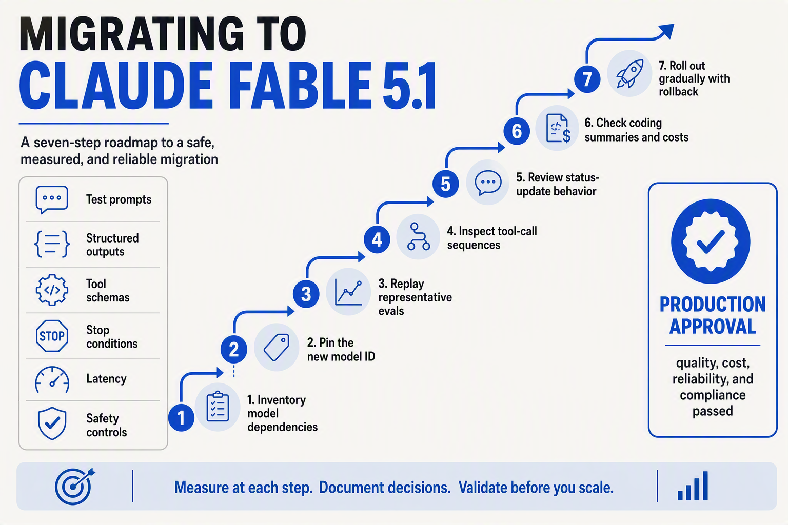 A seven-step migration roadmap titled Migrating to Claude Fable 5.1 arranged as a rising path with arrows