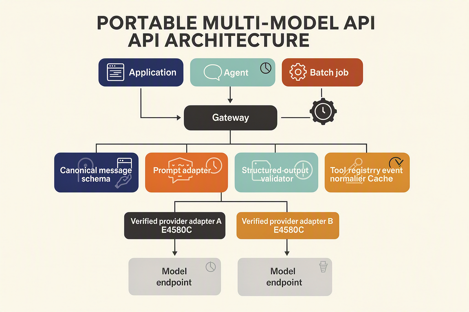 A layered system architecture infographic titled PORTABLE MULTI-MODEL API ARCHITECTURE