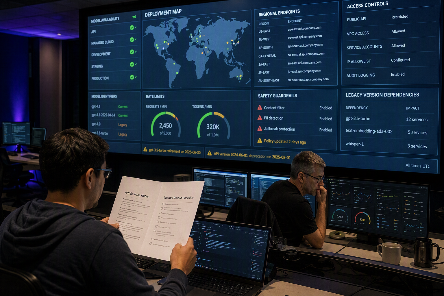 An enterprise platform operations room with engineers checking model availability across API, managed cloud, development,