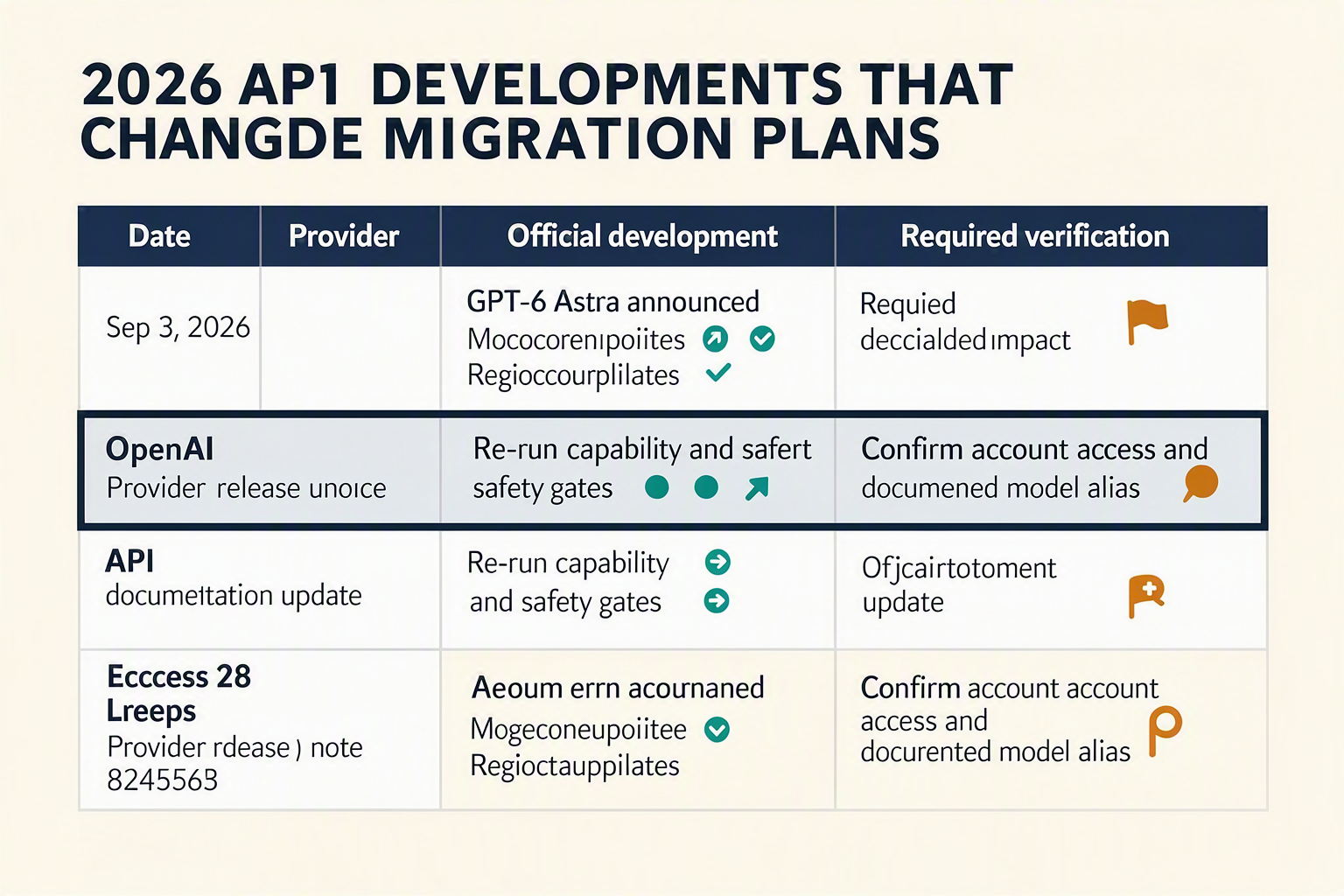 A clean chronological matrix titled 2026 API DEVELOPMENTS THAT CHANGE MIGRATION PLANS with columns labeled Date, Provider,