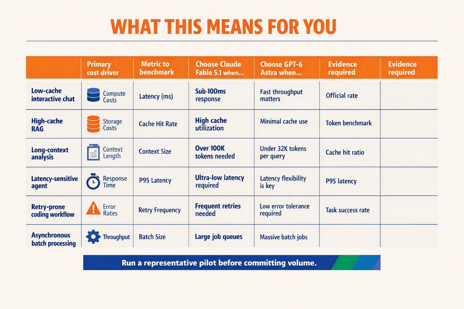 A buyer-recommendation matrix titled WHAT THIS MEANS FOR YOU with rows Low-cache interactive chat, High-cache RAG,